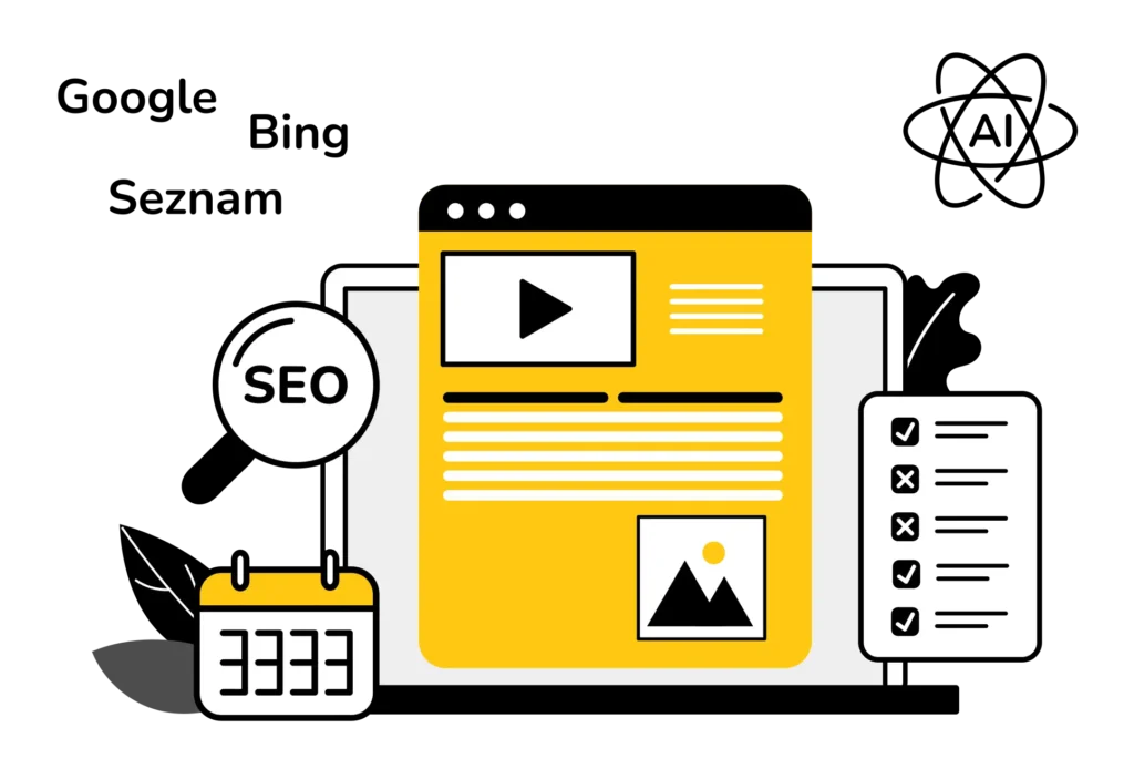 Grafika pro prodejní stránku SEO služby - laptop s nápisy Google, Bing, Seznam, AI, SEO, obrázky kalendáře a odškrtávací seznam