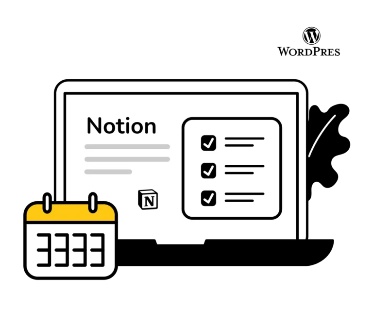 Ilustrace Notion šablony checklist pro údržbu wordpress webu - kreslený laptop s to-do listem, Notion logo a kalendář