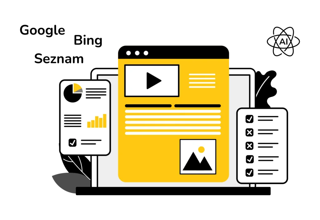 Grafika pro prodejní stránku SEO auditu - laptop se seznamy, grafy, analýzami