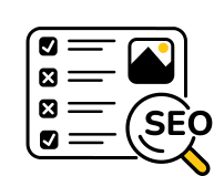 ikona pro službu SEO audit - odškrtávací seznam s úkoly a lupa s nápisem SEO